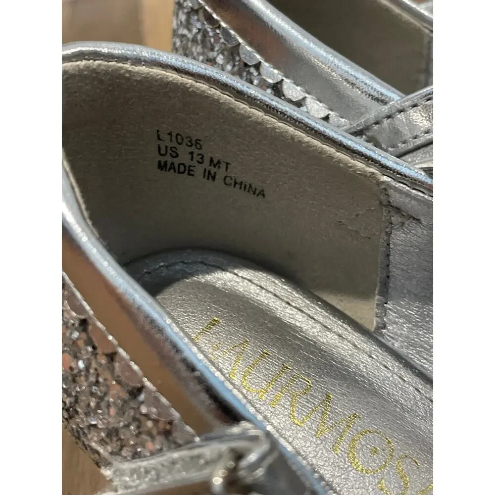 Laurmosa Girls Silver Glitter Mary Jane Shoes Size 13 Low Heel Bow Detail